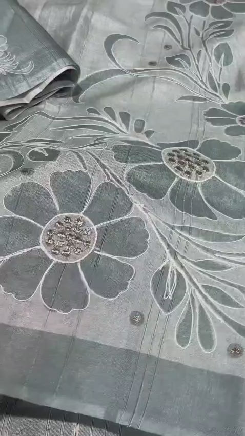 Linen Cotton Coorg Saree with Kantha Hand-Position Work