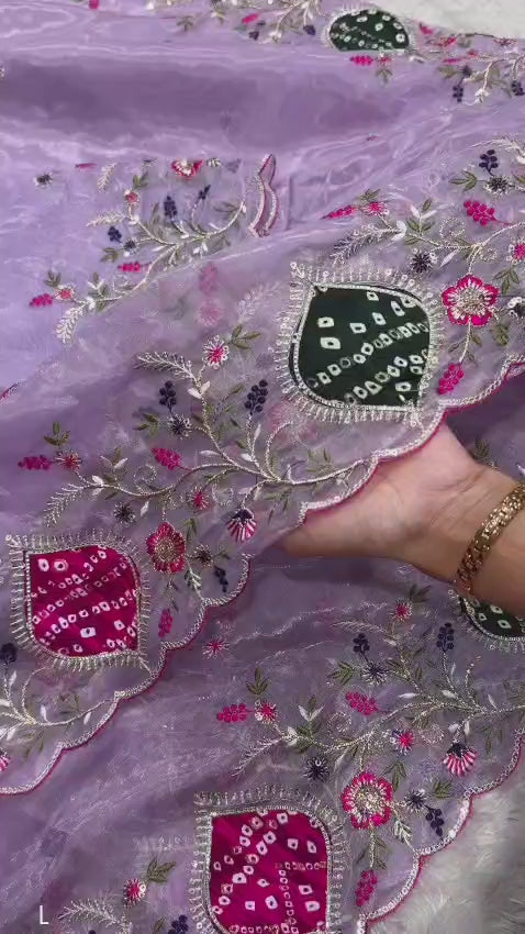 Ghoomar Crystal Tissue Original Hand Applique Work in Full Saree Border With Zari Embroidered Work