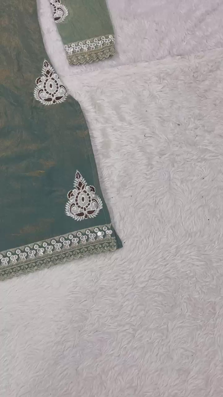 Designer Pakistani Style Party Wear Fendy Silk Top, Palazzo, and Dupatta Set