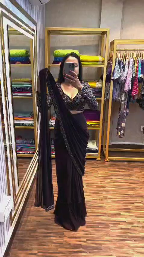 New Super Trending Black Embroidery Sequence Work Ready To Wear Saree