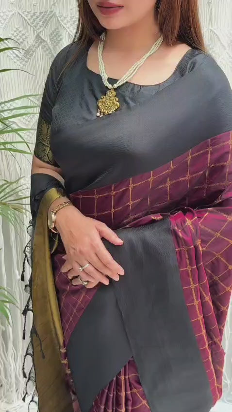 Contrast black satin weaving border in full saree