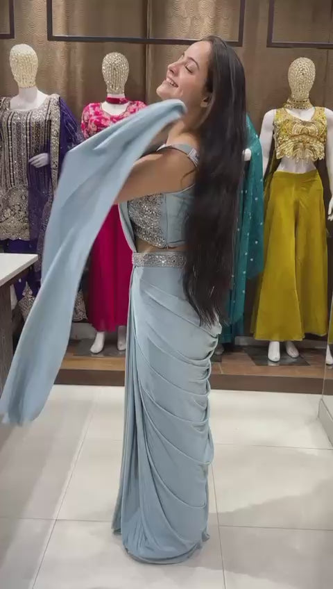 Premium Crepe Silk Ready-To-Wear Saree With Koti (jacket) Expertly Tailored With Precise Pleats and A Refined Finish