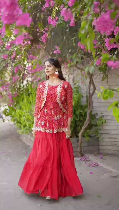 Embroidered Bandhani Chinnon Lehenga Crop Top Set with Ethnic Jacket (For Size Details See Description)