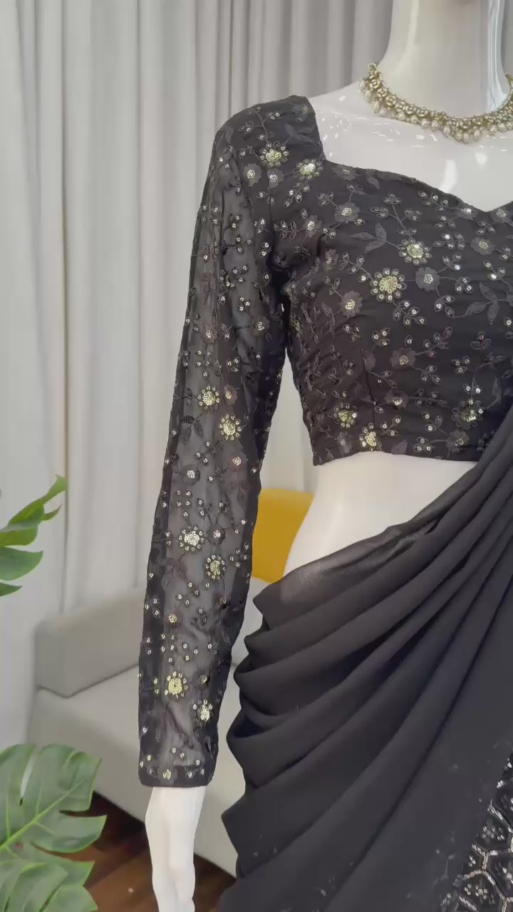 Midnight Foux Gorgette Elegance Sequin Embroidered Sharara Choli; (For Size Details See Description)