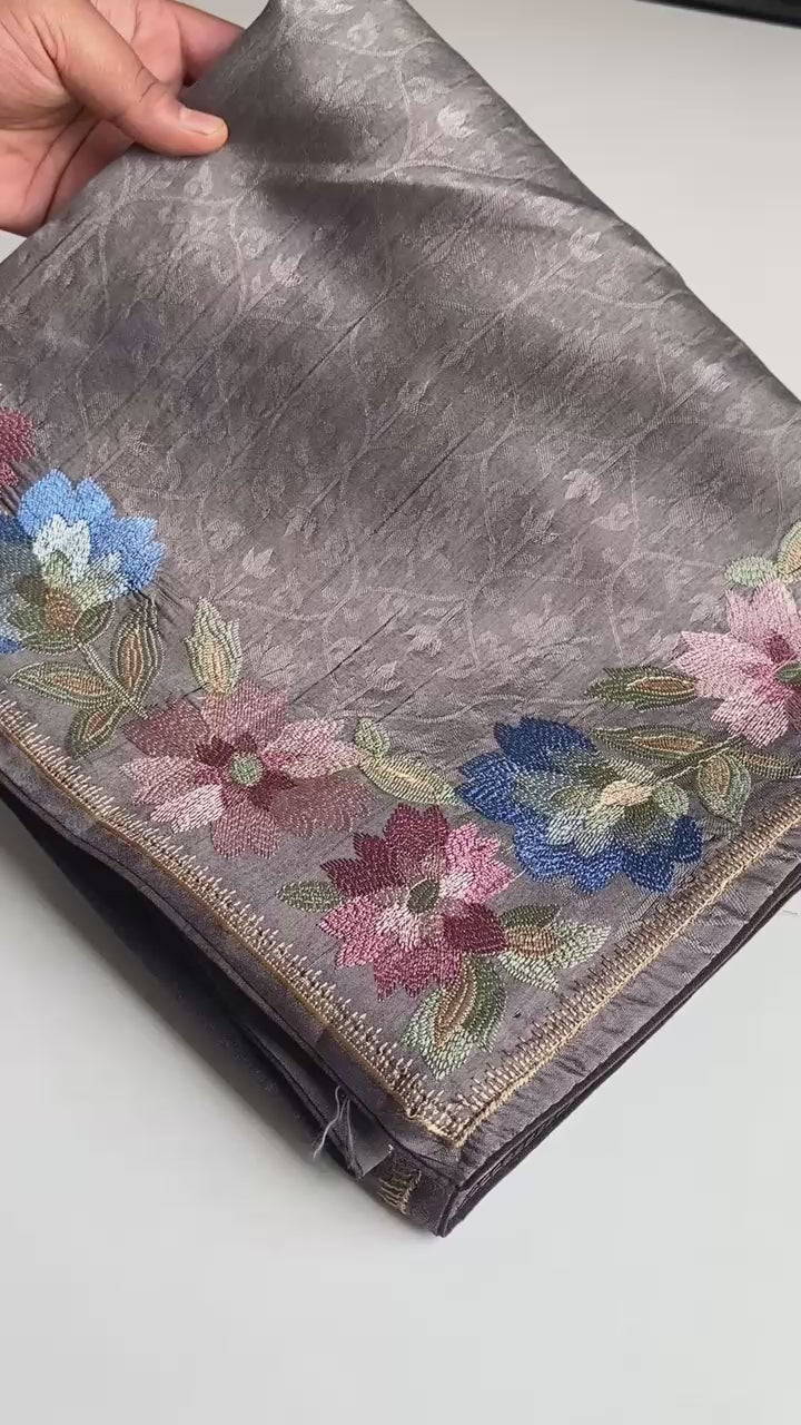 Pure Tusser Cotton Silk Premium Contrast Embroidery All Over The Border With Floral  Pattern