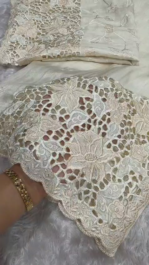 Tusser Cotton Thread Embroidery Work in Saree With Latest Cutwork