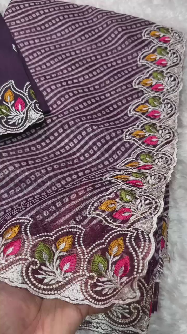 Buy Megha Cotton Embroidered Saree With Zari Border And Bandhani Print