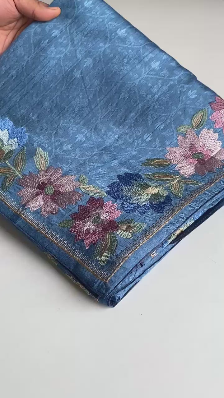 Pure Tusser Cotton Silk Premium Contrast Embroidery All Over The Border With Floral  Pattern
