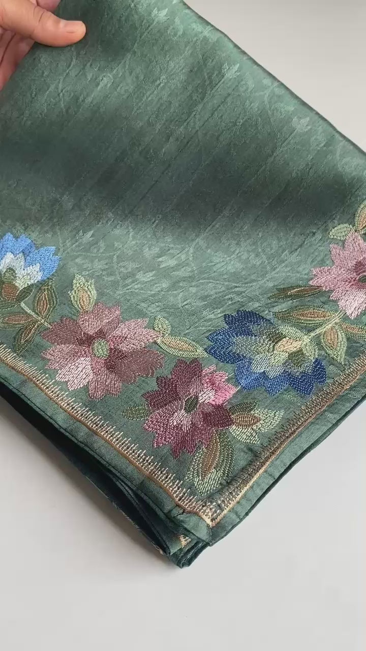 Pure Tusser Cotton Silk Premium Contrast Embroidery All Over The Border With Floral  Pattern