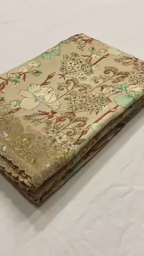 Buy MADHURI Tussar Silk Sarees With Digital Print With Beautiful Embroidery Work All Over The Saree With C-Pallu