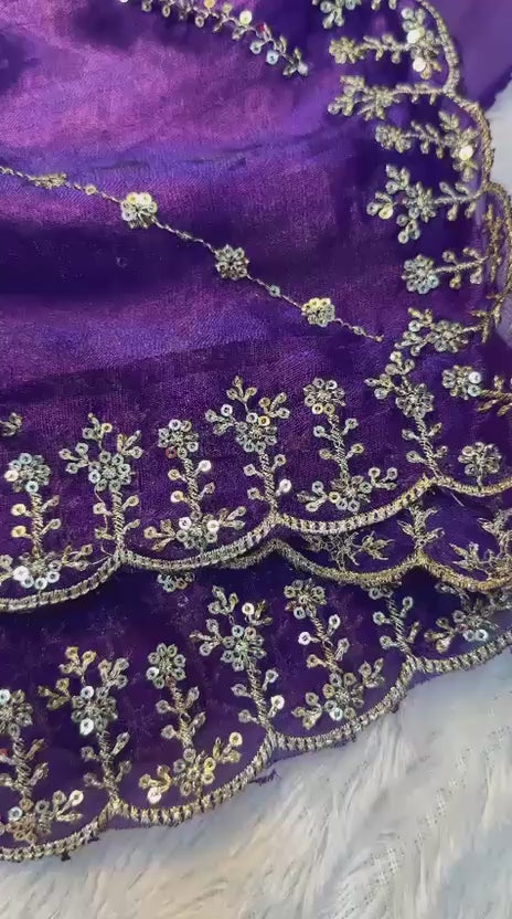 Rich Look Yellow & Blue Fendy Satin Pedding Fabric With Beautiful Embroidery 3 MM Sequence Work