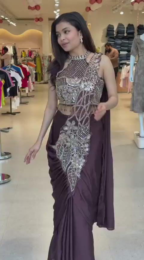 New Super Trending Embroidery Sequence Work Ready To Wear Saree With Embroidery Blouse