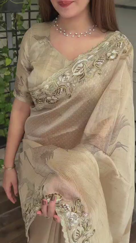 Beautiful Light Grey Hansawar Glass Organza Blend of Digital Print, Embroidered Work